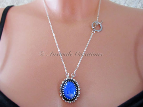Collier Argent Et Cabochons Turquoise – Avec Clips D'oreilles Assortis