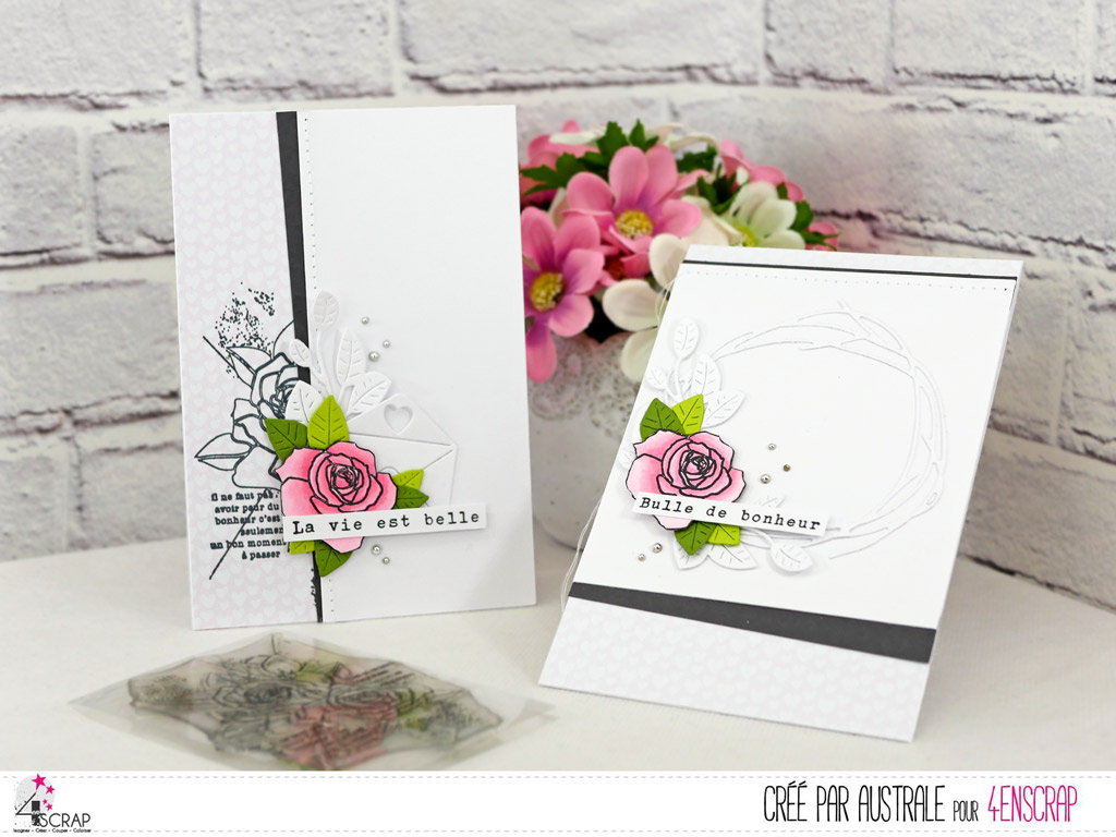 Cartes pour toutes occasions en blanc, rose, vert et une touche de gris anthracite avec de jolies roses, feuillages et couronne.