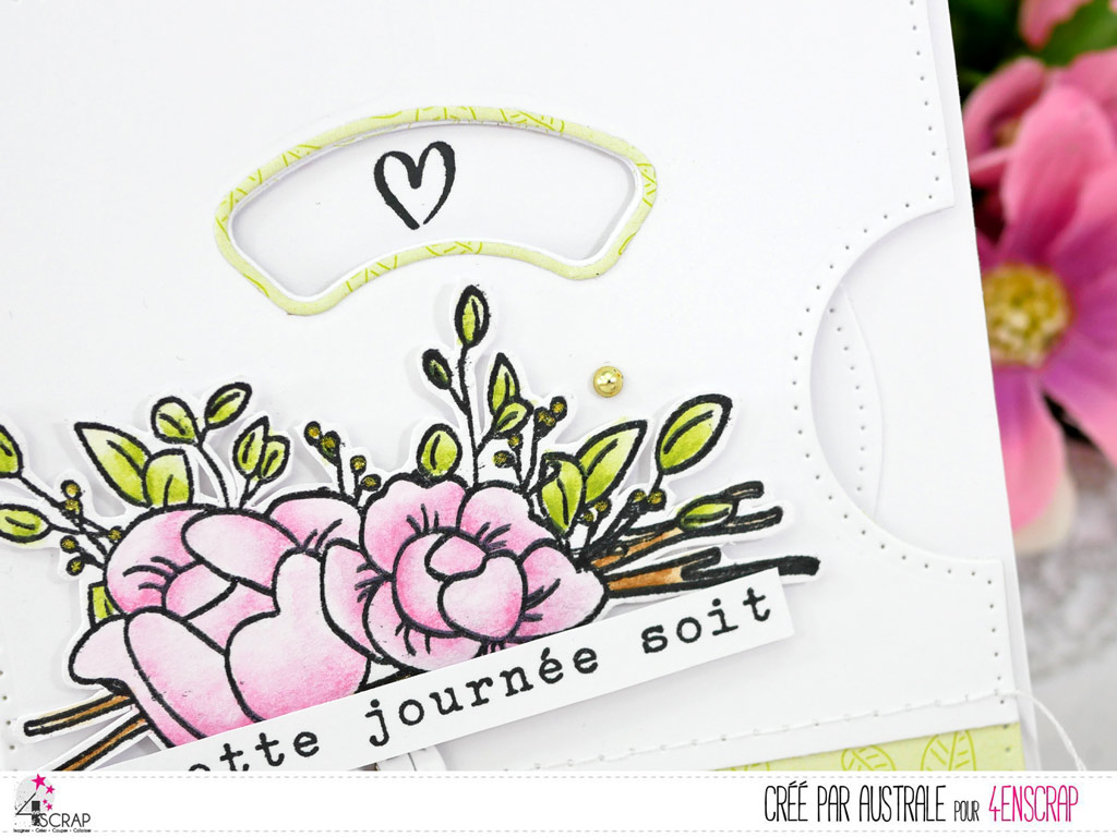 Carte à roulette pour le fête des mères en rose et vert et de jolis pivoines mis en couleurs au crayon aquarellable.