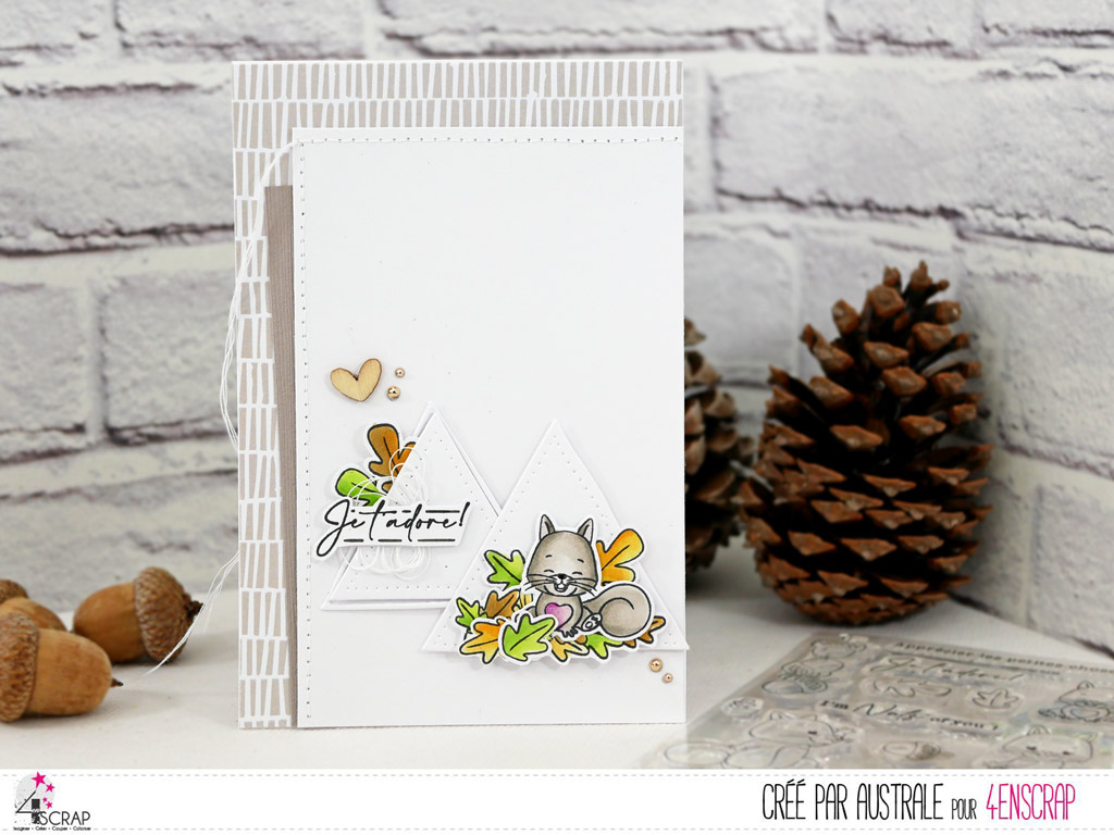 Carte d'amour ou d'amitié avec petit écureuil, triangles, feuillages en 4enscrap.