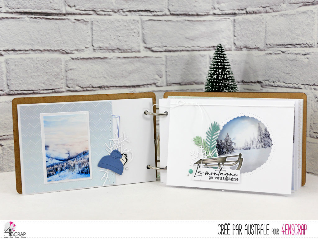 Album avec photos de montagne en hiver et couverture en bois gravé réalisé avec la nouvelle collection hiver de 4enscrap.