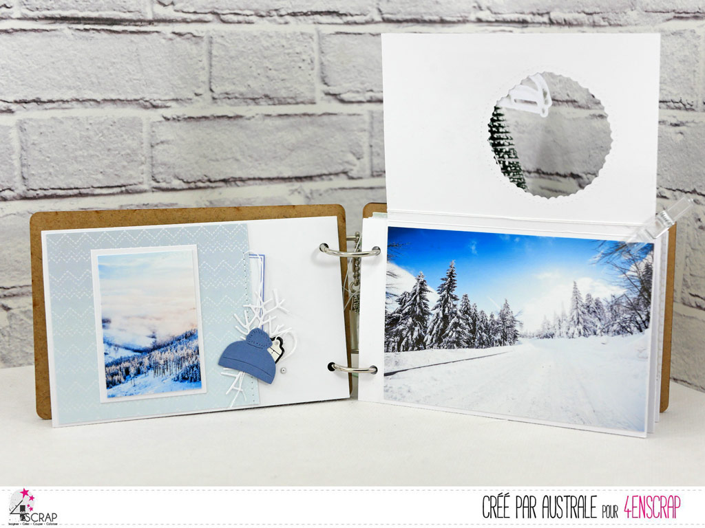 Album avec photos de montagne en hiver et couverture en bois gravé réalisé avec la nouvelle collection hiver de 4enscrap.