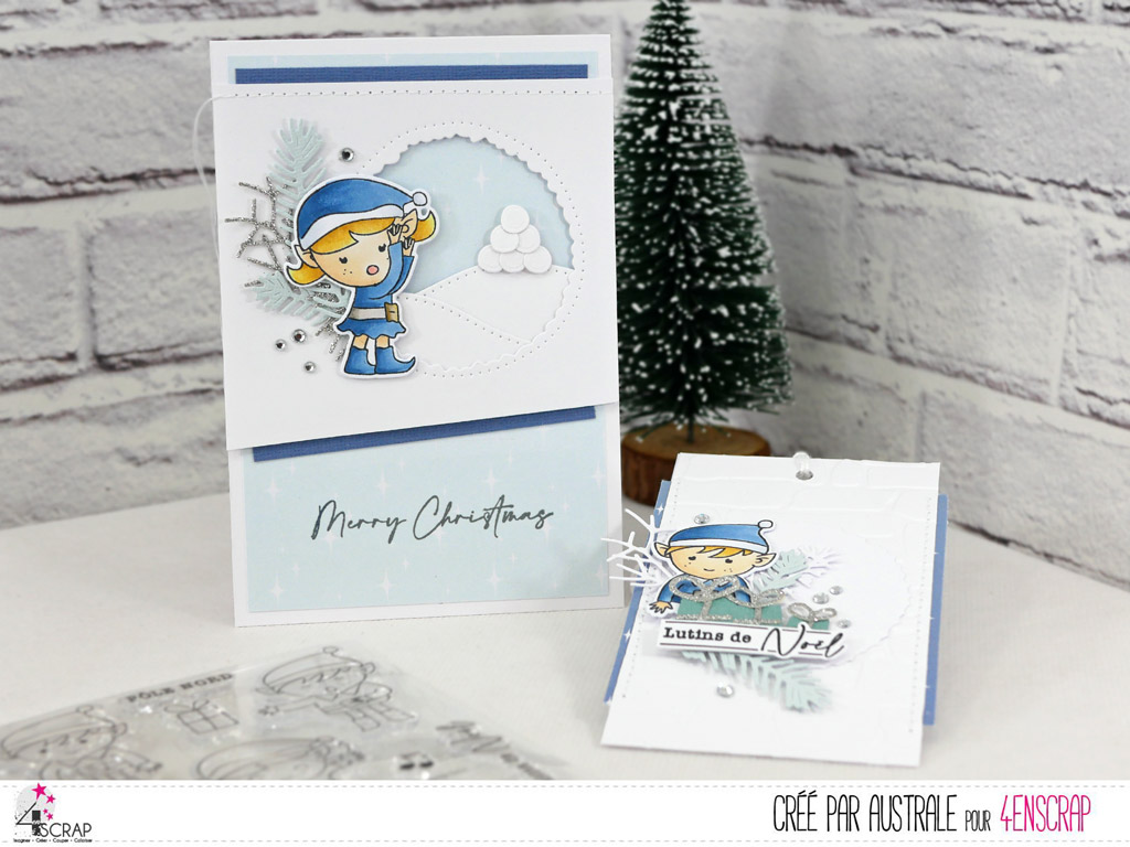 Carte et étiquette cadeau de Noël dans les tons de bleus avec fenêtre sur collines enneigées et une petite lutine de Noël.