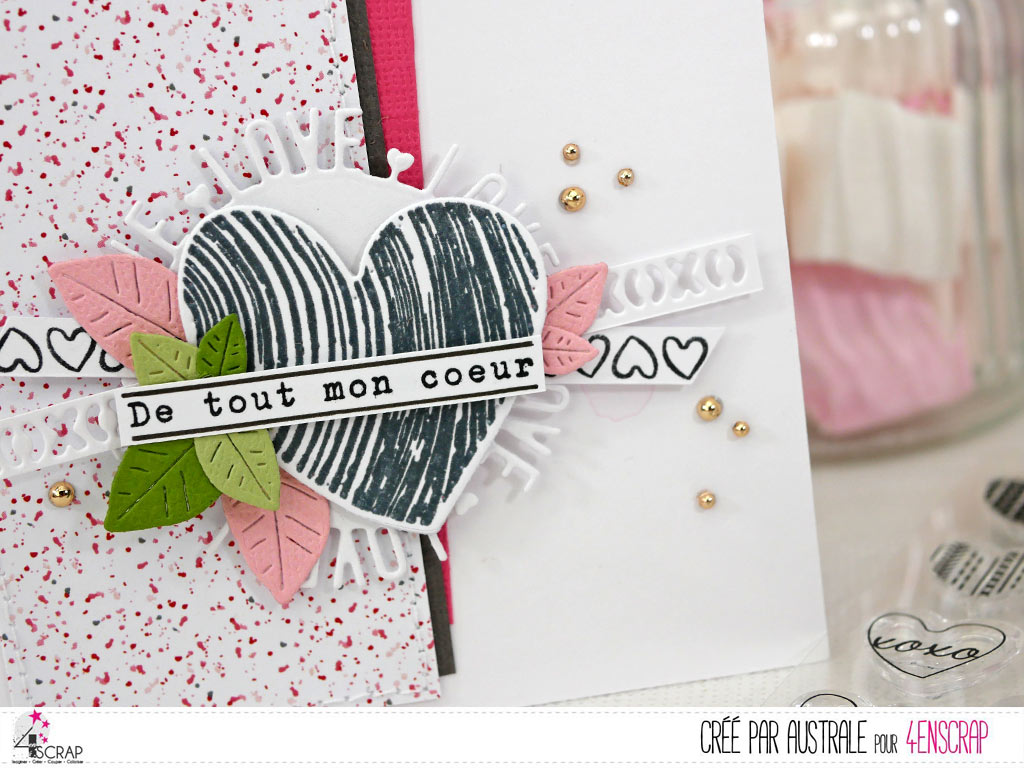 Carte d'amour ou d'amitié pour la Saint Valentin avec papier imprimé, cœur, feuillages dans un combo en roses, gris e verts.
