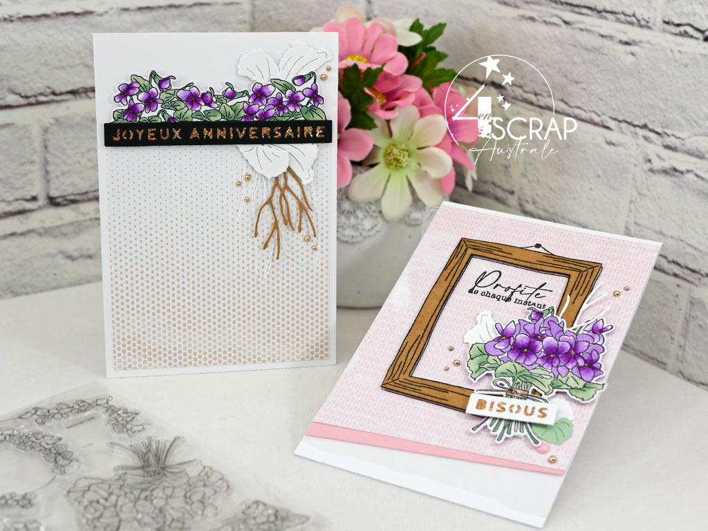 Cartes et étiquettes cadeaux réalisées avec la planche Un bouquet de violettes de la collection printemps 2021 signée 4enscrap.