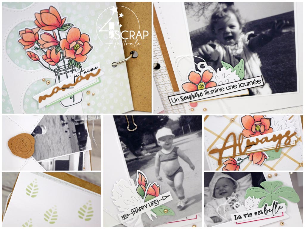 Mini album de printemps avec photos en noir et blanc de souvenirs d'enfance avec les tampons et matrices de la collections printemps 2021 de 4enscrap.