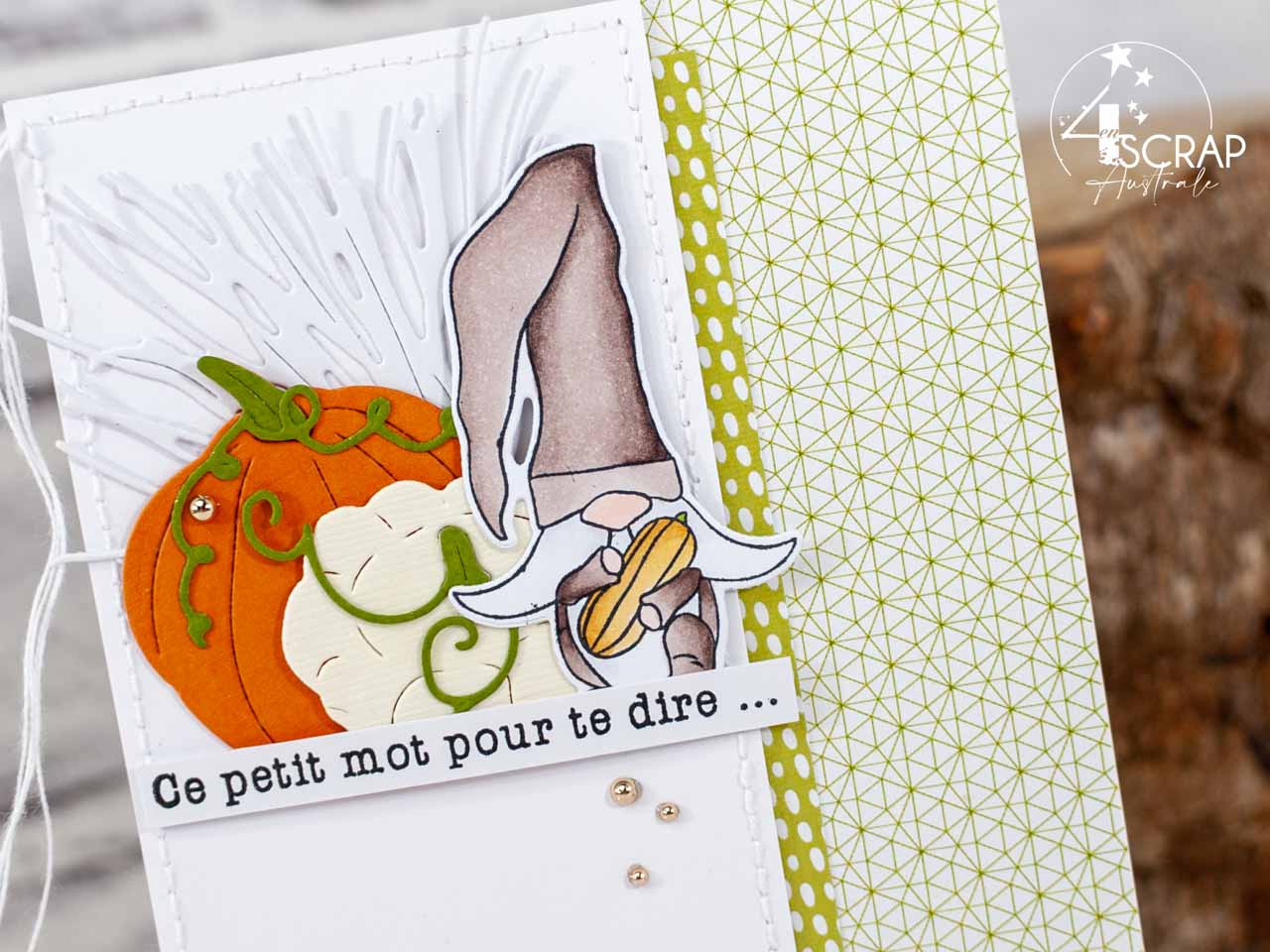 Création d'une carte d'automne avec un adorable petit lutin des bois, citrouille et pâtisson.