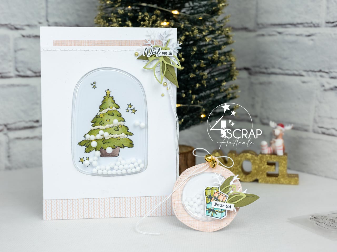 Créations d'une carte et étiquette cadeaux à secouer pour Noël avec sapin et cadeaux.