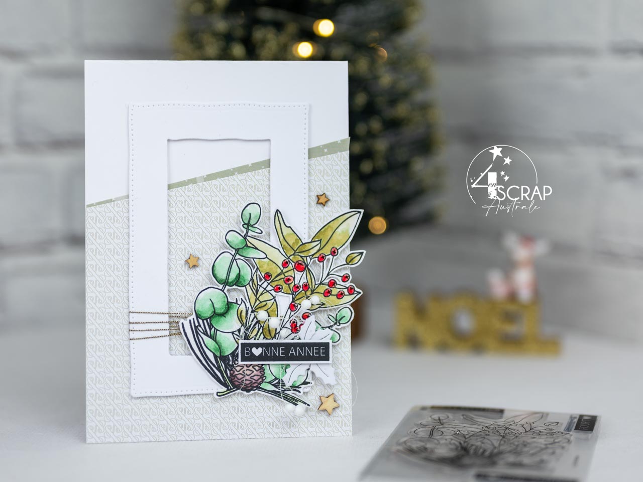 Création d'un duo de cartes de voeux pour la nouvelle année avec bouquet de feuillages aquarelle réalisé avec la planche bonne année #2 de 4enscrap.