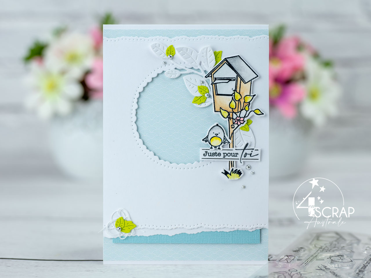 Création d'une série de cartes de printemps avec boites aux lettres, feuillages et petits oiseaux de 4enscrap.