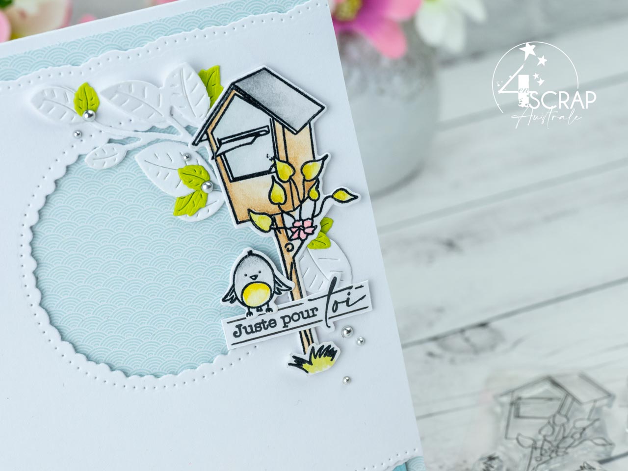 Création d'une série de cartes de printemps avec boites aux lettres, feuillages et petits oiseaux de 4enscrap.