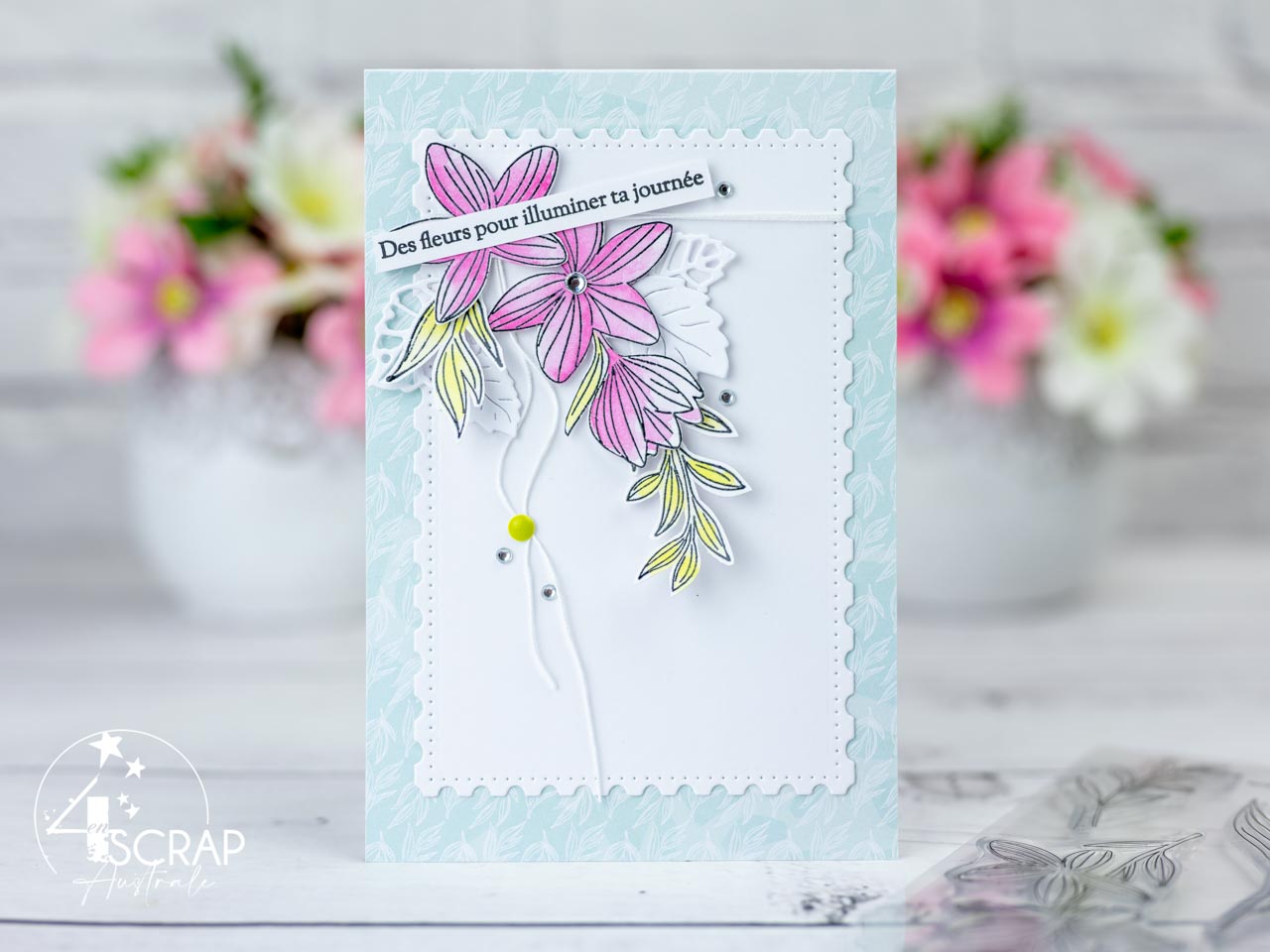 Création d'un duo de cartes de printemps avec de jolies à l'aquarelle, feuillages blancs et quelques diamants.
