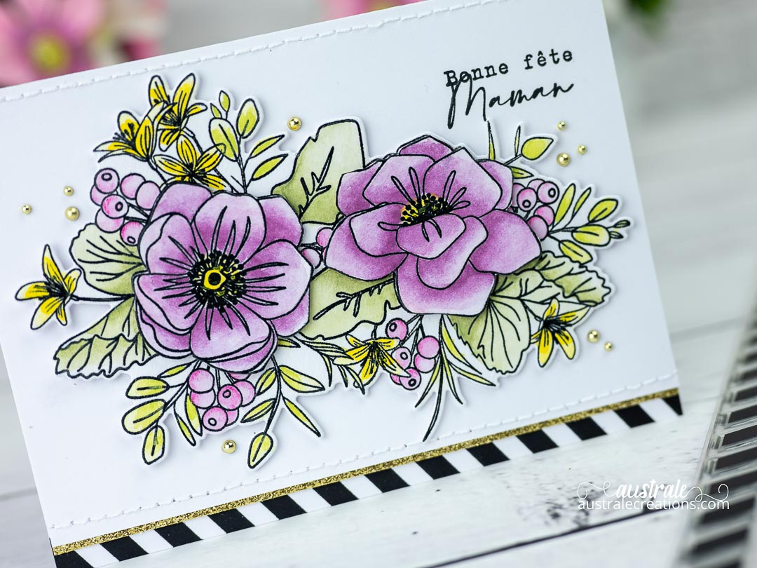 Bonne fête maman : Création d'une carte et d'une étiquette cadeau avec les jolies fleurs de Simon Says stamp mise en couleurs à l'aquarelle.