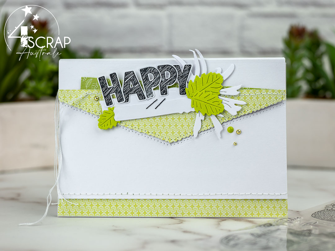 4enscrap : Inspiration photo d'Aurel - Création d'une carte pochette cadeau pour anniversaire. Elle est composée de 3 volets décorés avec la collection été sur le thème des cocktails et des tropiques.