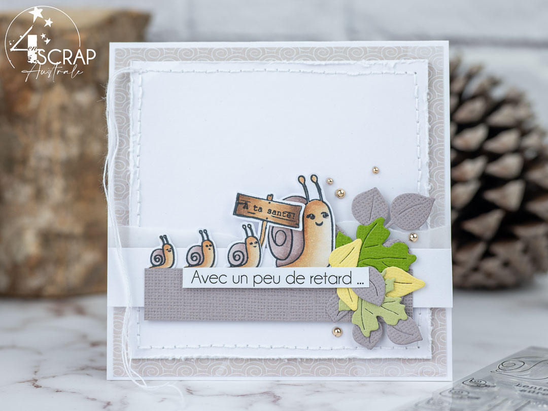 Lentement mais surement : Création d'une carte pour anniversaire en retard avec une famille d'escargots et feuillages de 4enscrap.