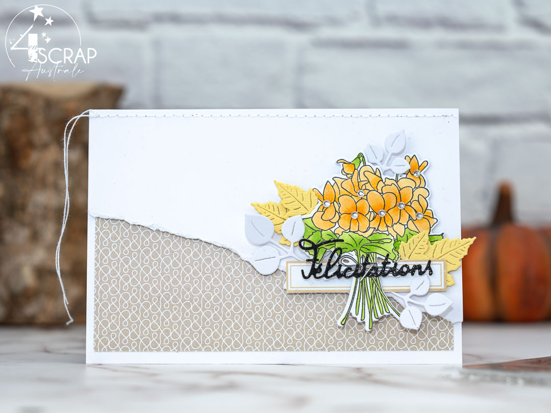 Félicitations : Création d'une carte de félicitations avec un fond kraft et un joli bouquet de fleurs de 4enscrap.