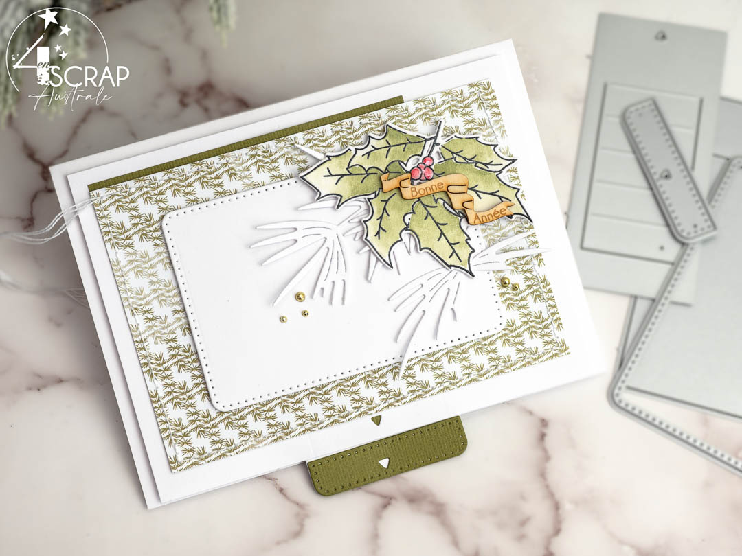 Carte à tirer : Création d'une carte de vœux interactive cachant un petit mot doux (ou une carte cadeau par exemple) et décorée de houx à l'aquarelle.