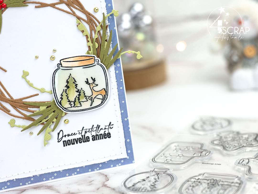 Bonbonnes d'hiver : Création d'une carte de vœux avec bonbonne de noël et couronne de 4enscrap, et une mise en couleur aquarelle.