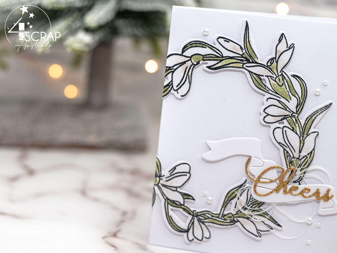 Nos plus belles cartes de voeux : création d'une carte de vœux avec perce-neige en aquarelle et feuillages de 4enscrap.