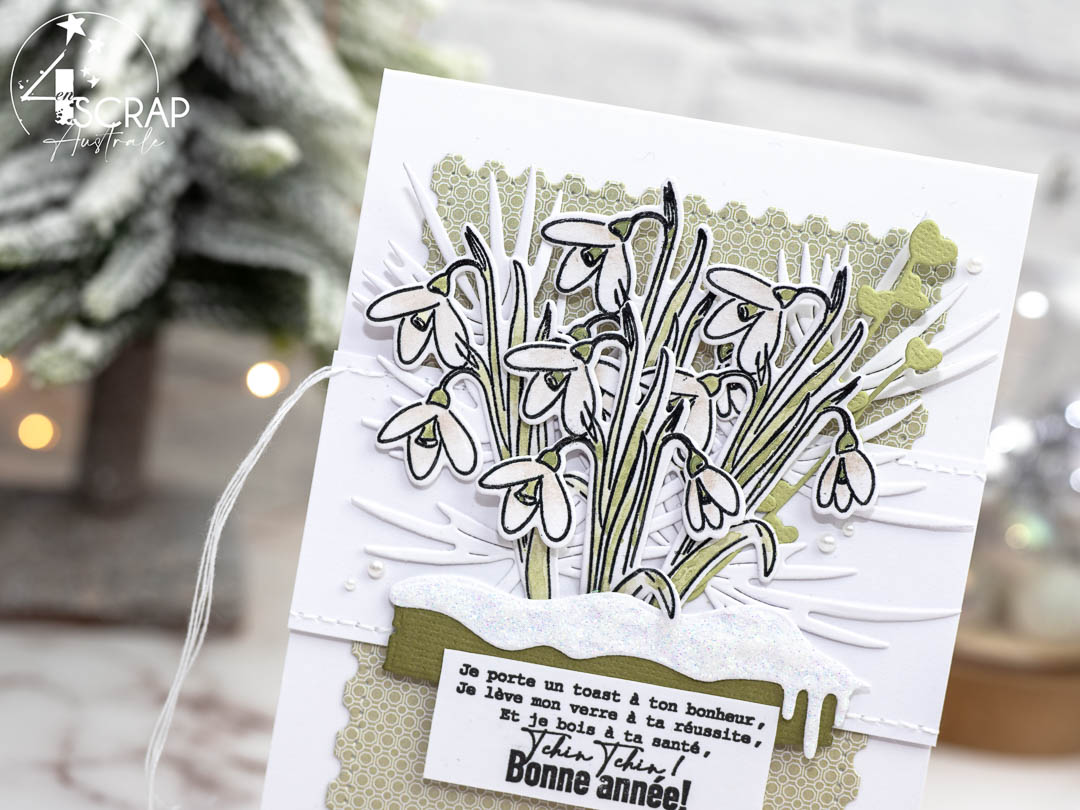Nos plus belles cartes de voeux : création d'une carte de vœux avec perce-neige en aquarelle et feuillages de 4enscrap.