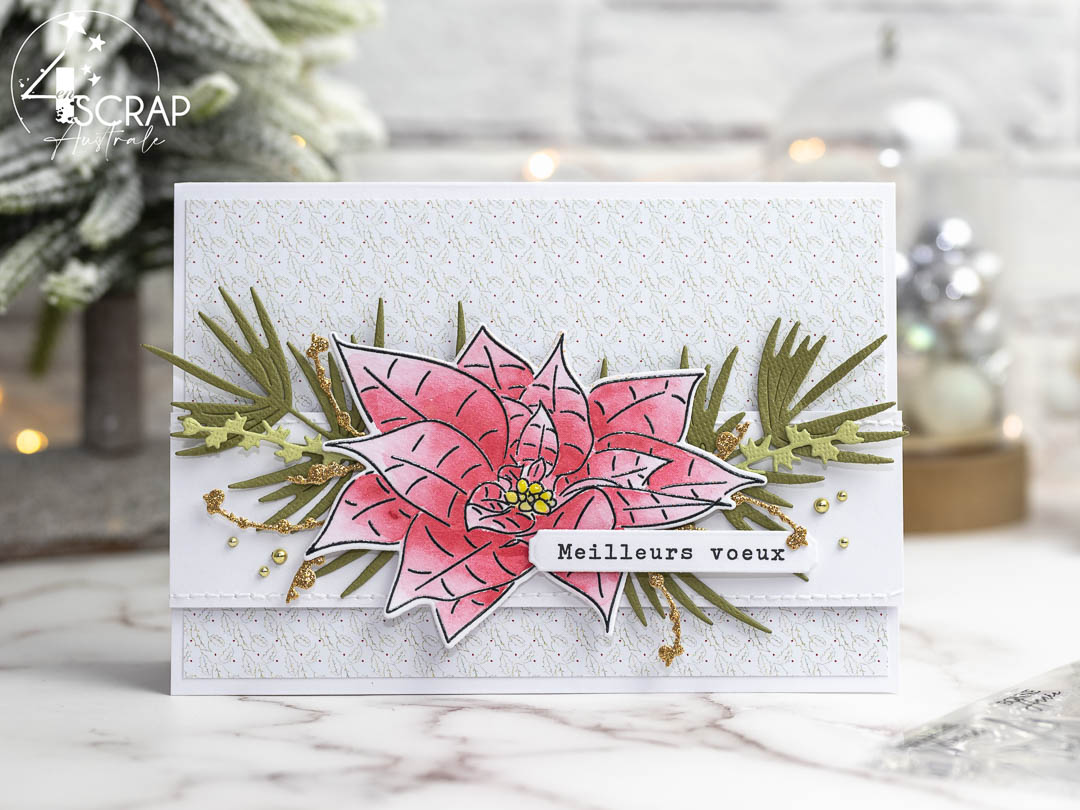 Nos plus belles cartes de voeux : Création d'une carte de vœux avec poinsettias en aquarelle et feuillages de 4enscrap.