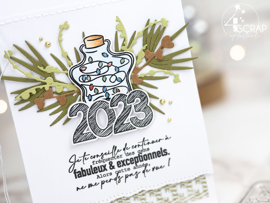 Bonbonnes d'hiver : Création d'une carte de vœux 2023 avec bonbonne, feuillages et chiffres de 4enscrap.