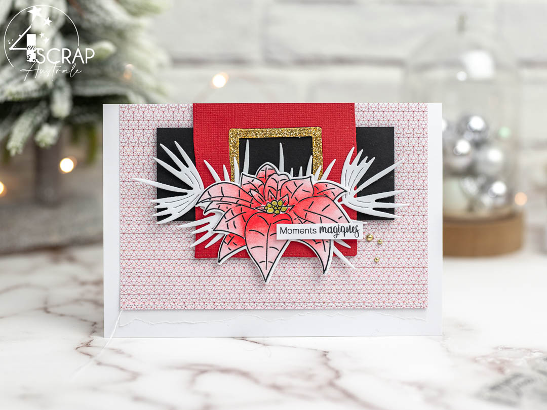 Inspiration combo : Création d'une carte de vœux pour Noël avec la ceinture du père noël et un joli poinsettia à l'aquarelle.