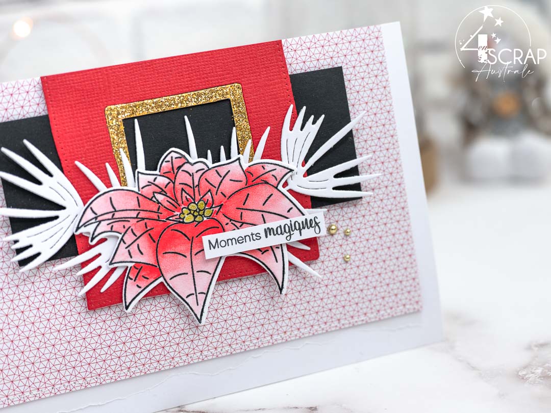 Inspiration combo : Création d'une carte de vœux pour Noël avec la ceinture du père noël et un joli poinsettia à l'aquarelle.