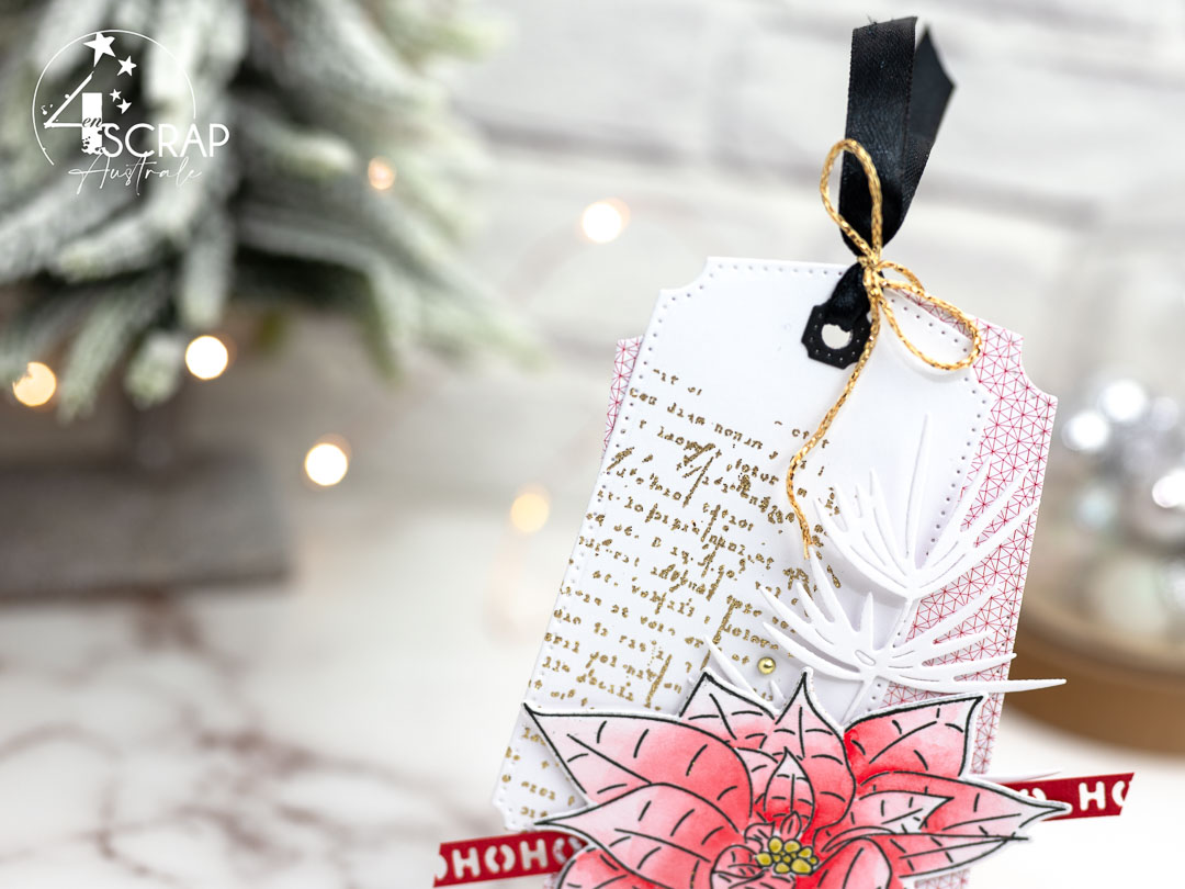 Inspiration combo : Création d'une étiquette de Noël avec fond embossé et poinsettia à l'aquarelle.