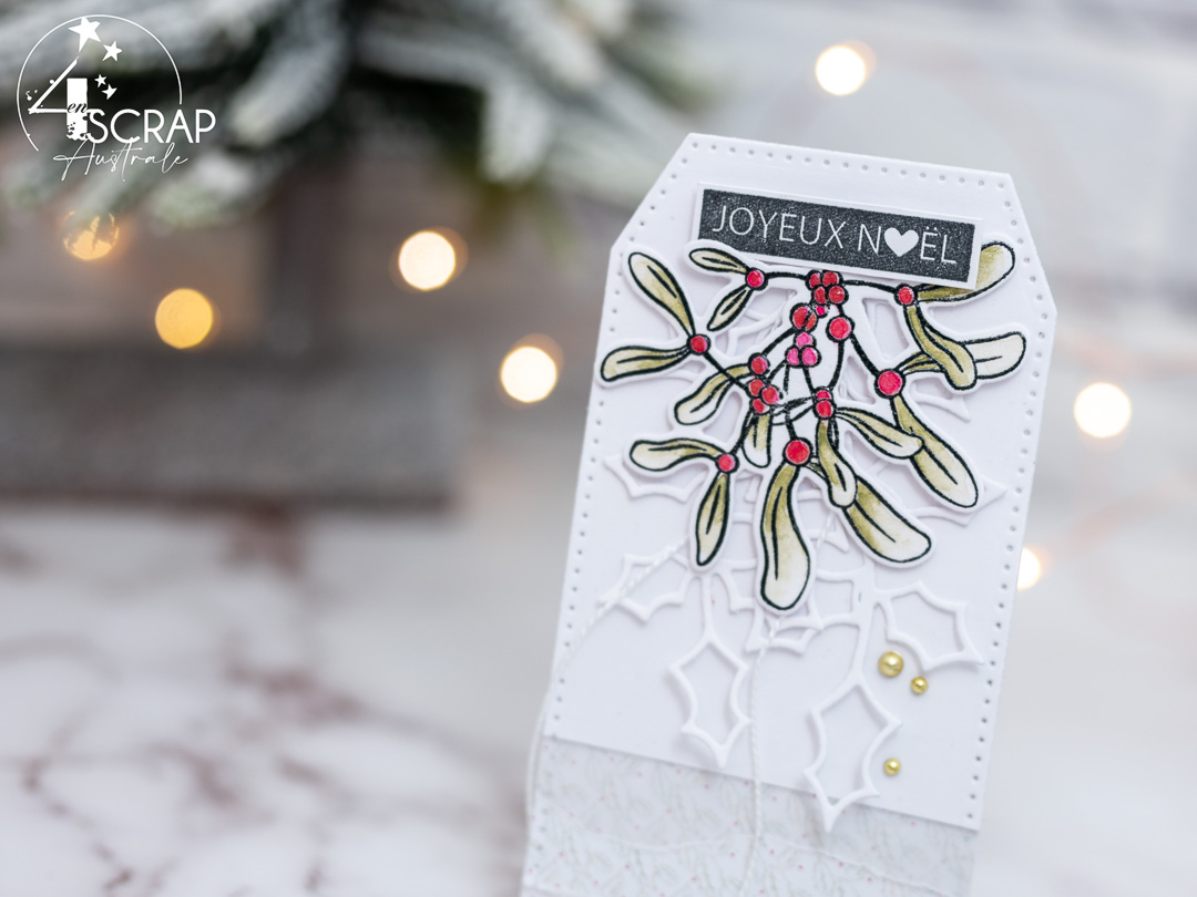 Super invitation à créer de noël : Création d'une étiquette cadeau pour Noël avec branche de gui à l'aquarelle et pigment irisé.