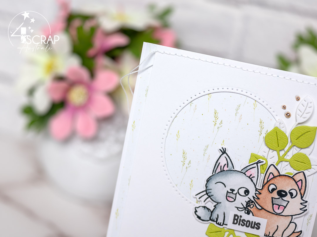 Pour le fun : création d'une carte d'amitié avec un joli duo chien-chat mis en couleur à l'aquarelle et feuillages de 4enscrap.